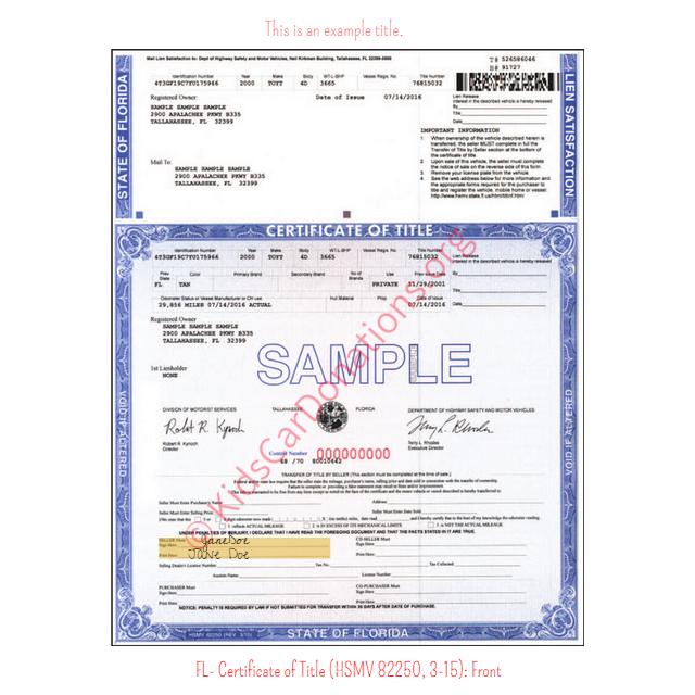 This is an Example of Florida Certificate of Title (HSMV 82250, 3-15) Front View | Kids Car Donations